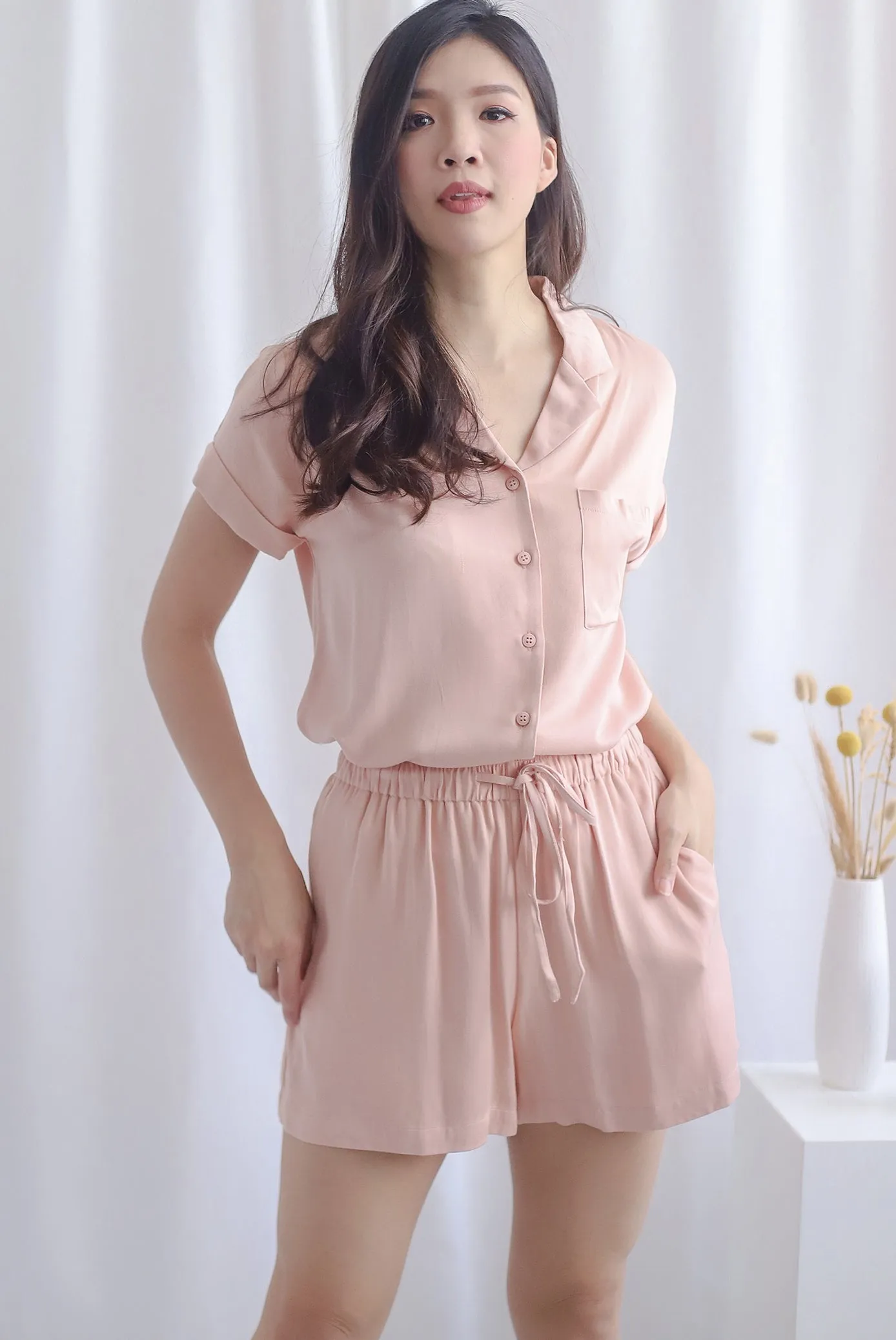 Dimple Lounge Drawstring Shorts In Peach Pink