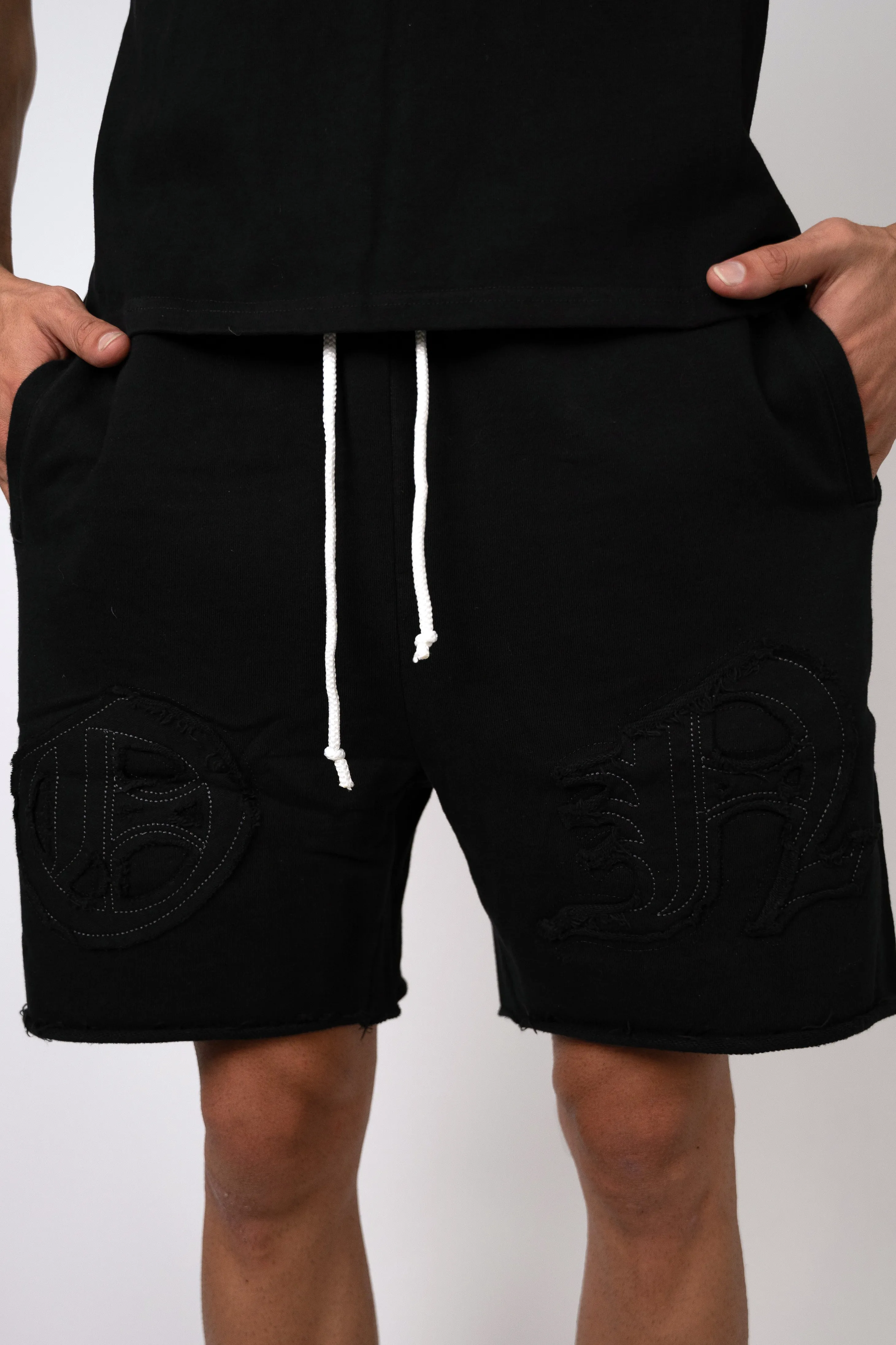 Distressed Applique Shorts - Black