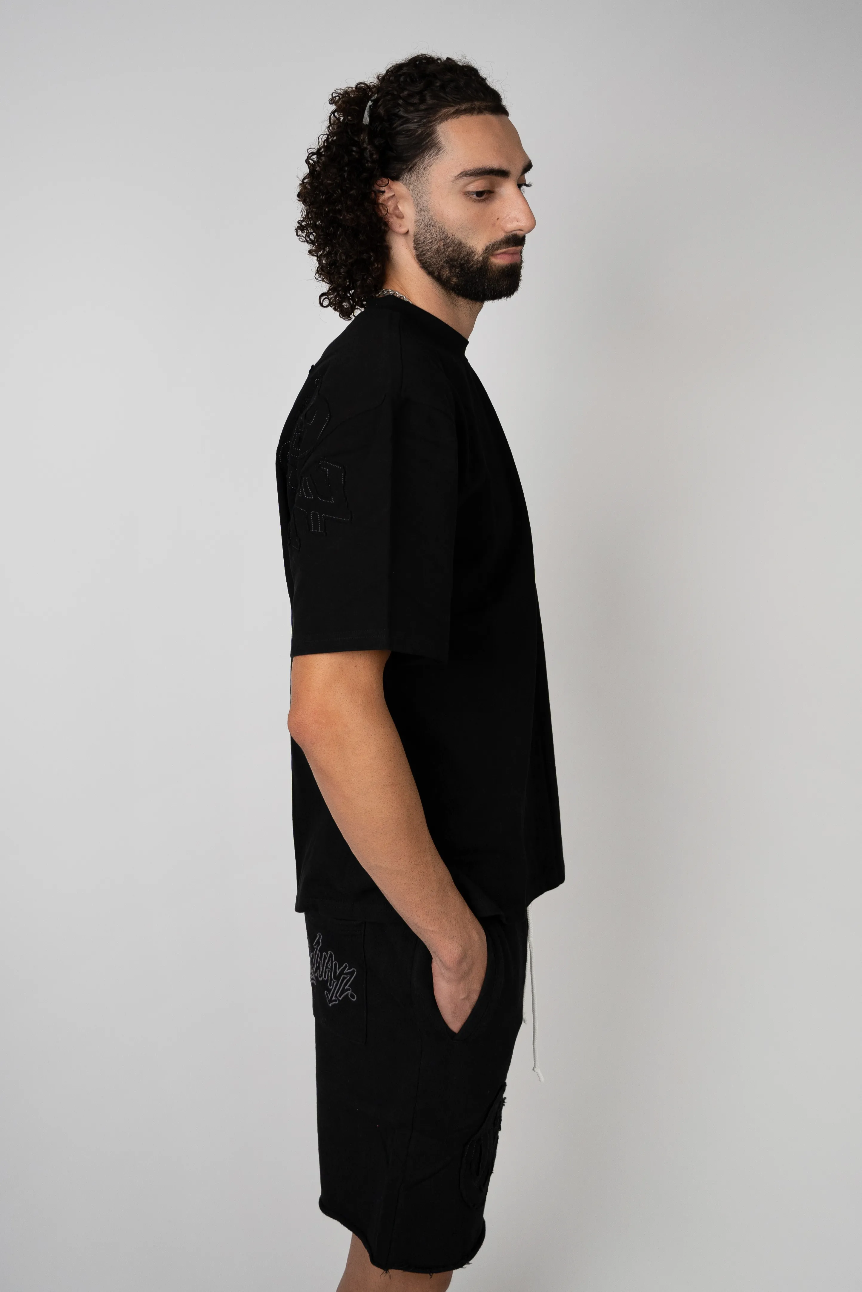 Distressed Applique Shorts - Black