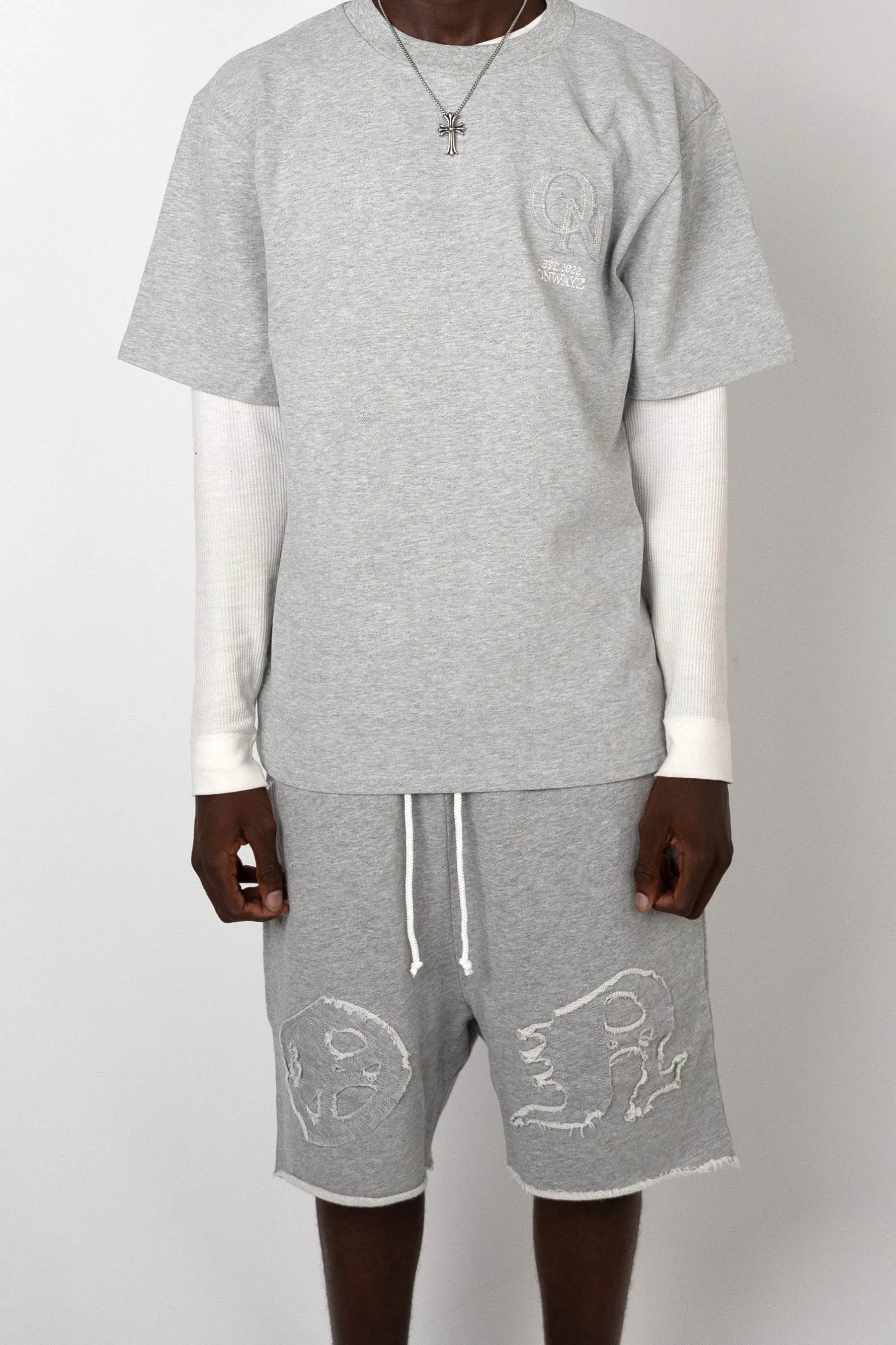 Distressed Applique Shorts - Grey