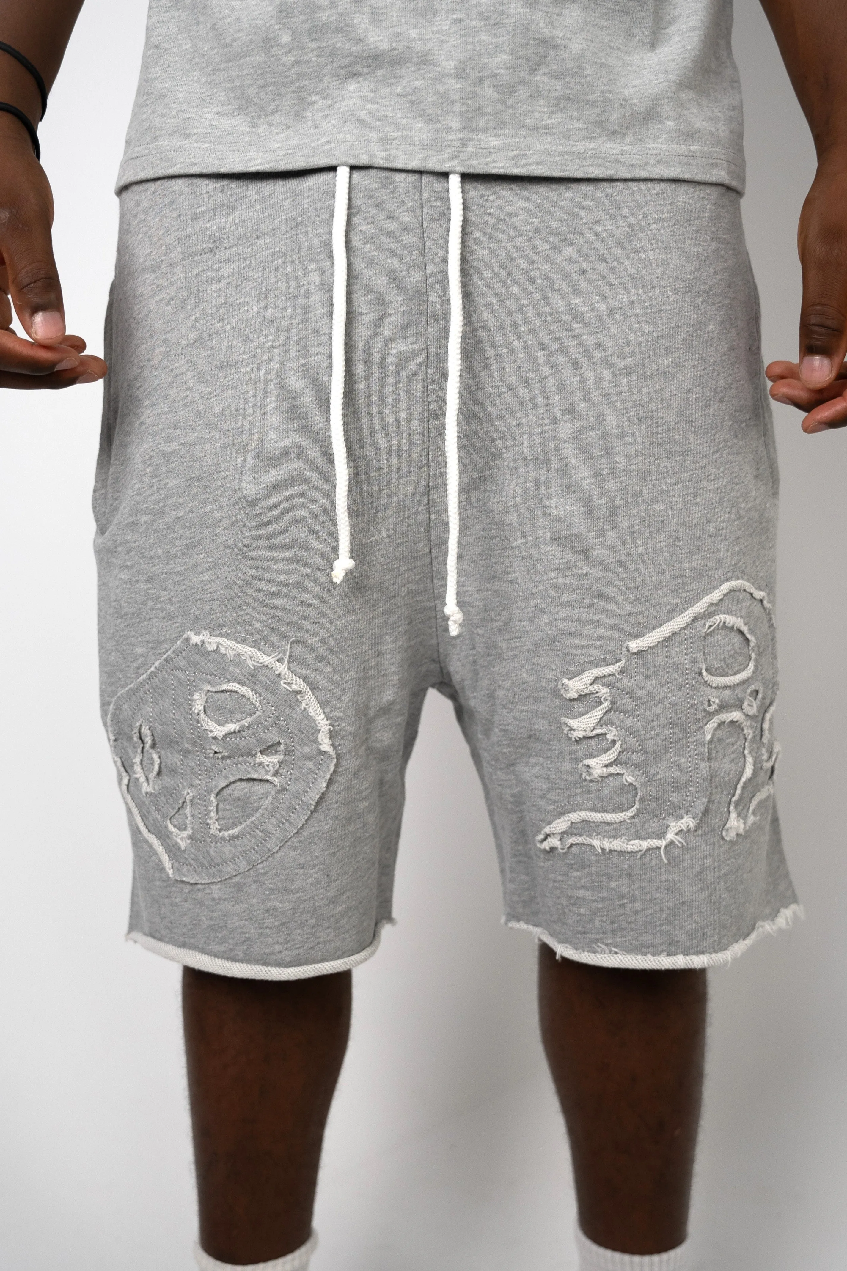 Distressed Applique Shorts - Grey