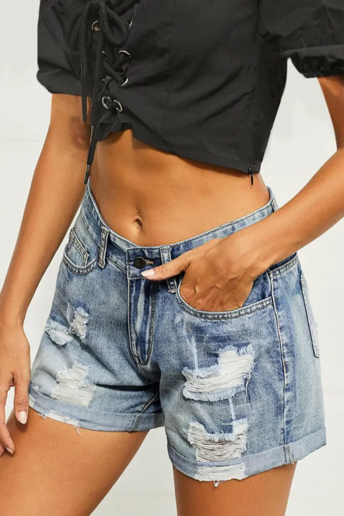 Distressed jean shorts