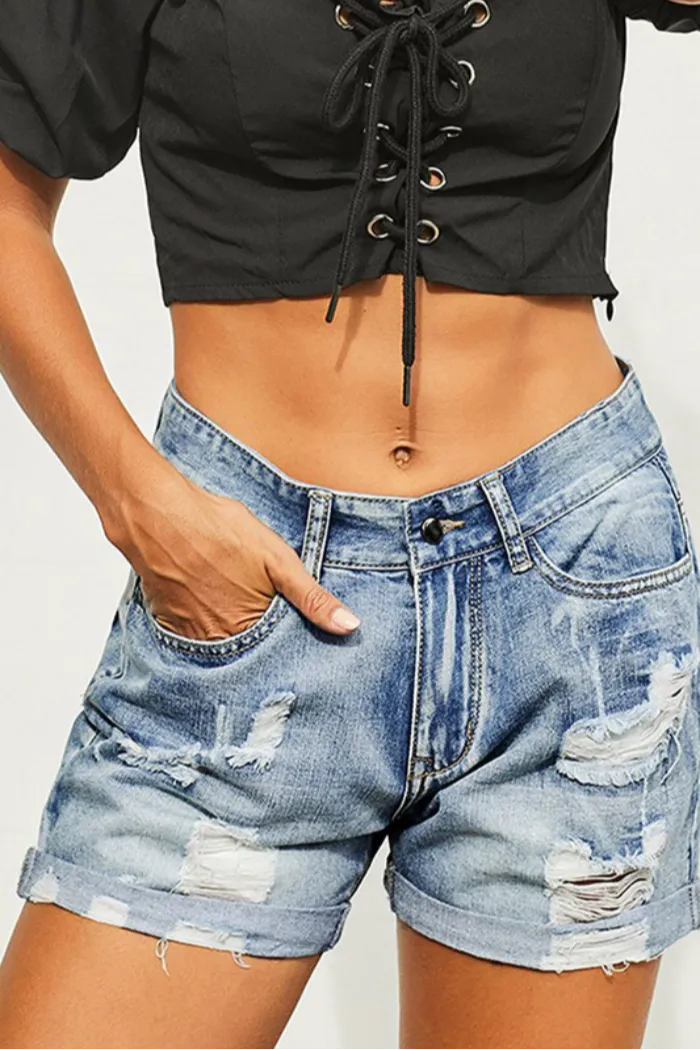 Distressed jean shorts