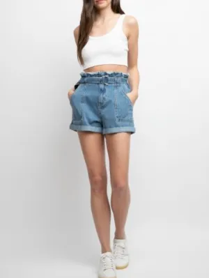 Distressed Paper Bag Self Belt Denim Shorts