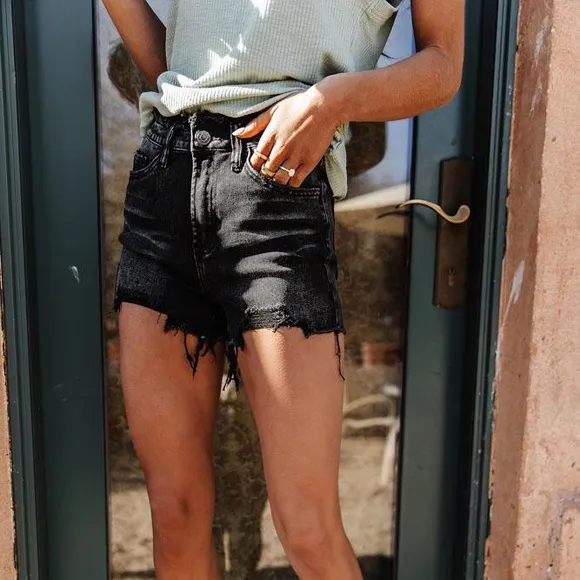 Ebony High-Rise Black Denim Frayed Waist Shorts