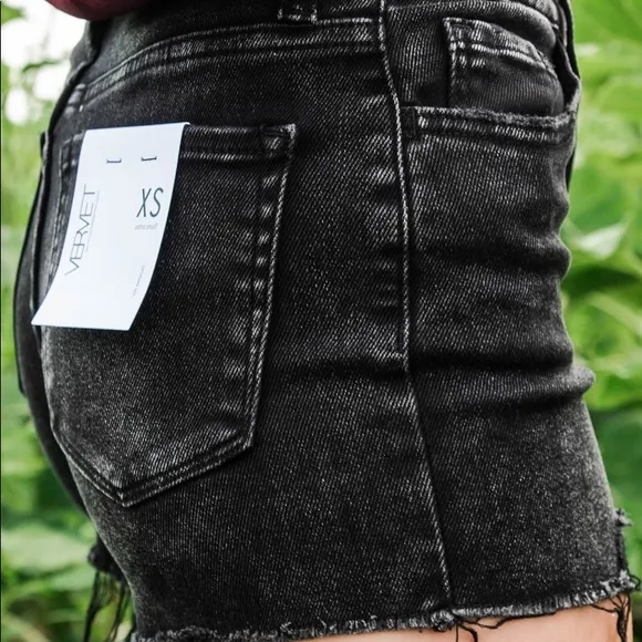 Ebony High-Rise Black Denim Frayed Waist Shorts