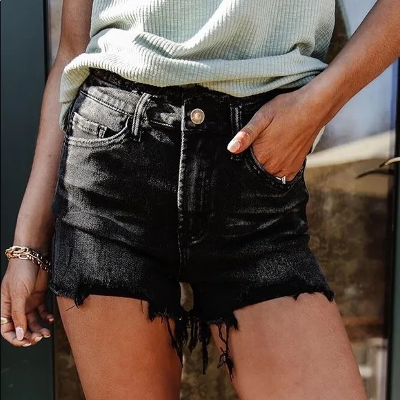 Ebony High-Rise Black Denim Frayed Waist Shorts