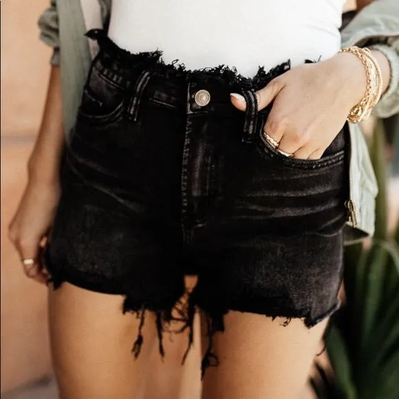 Ebony High-Rise Black Denim Frayed Waist Shorts