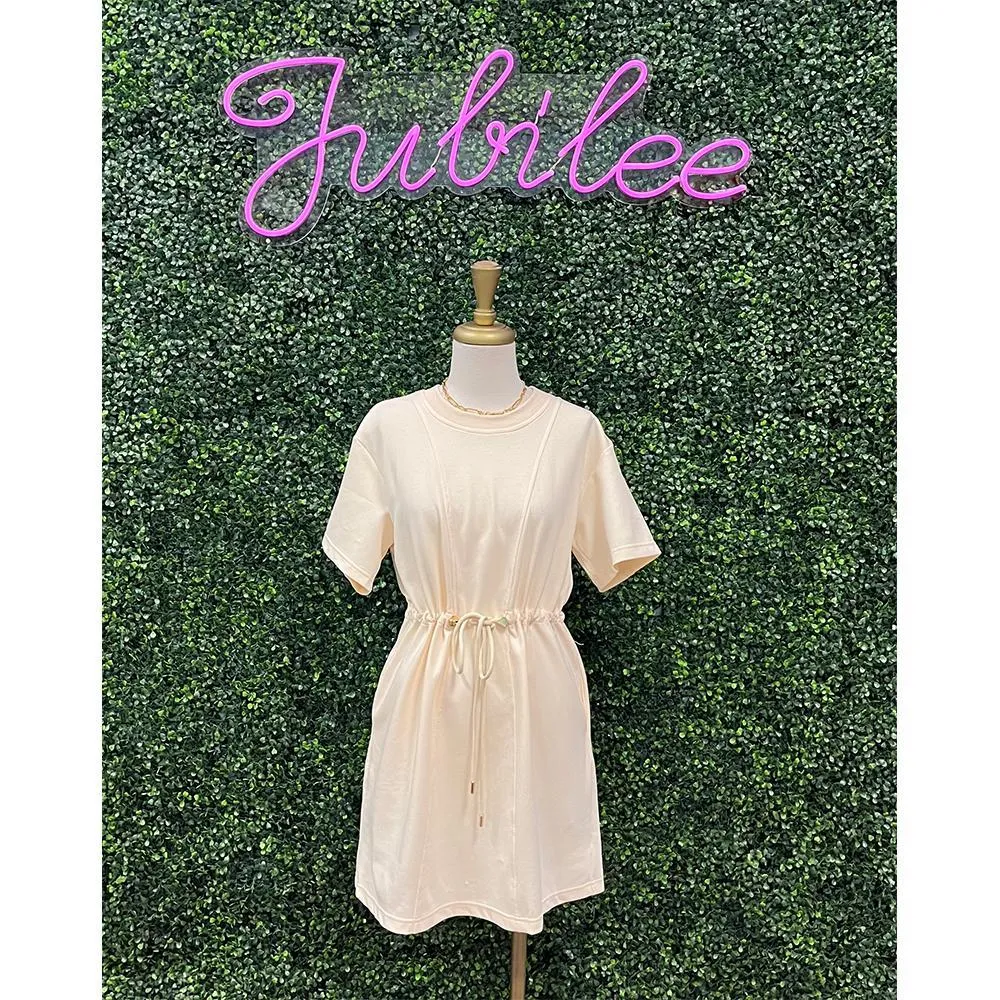 Ecru Round Neck Short Sleeve Mini Dress