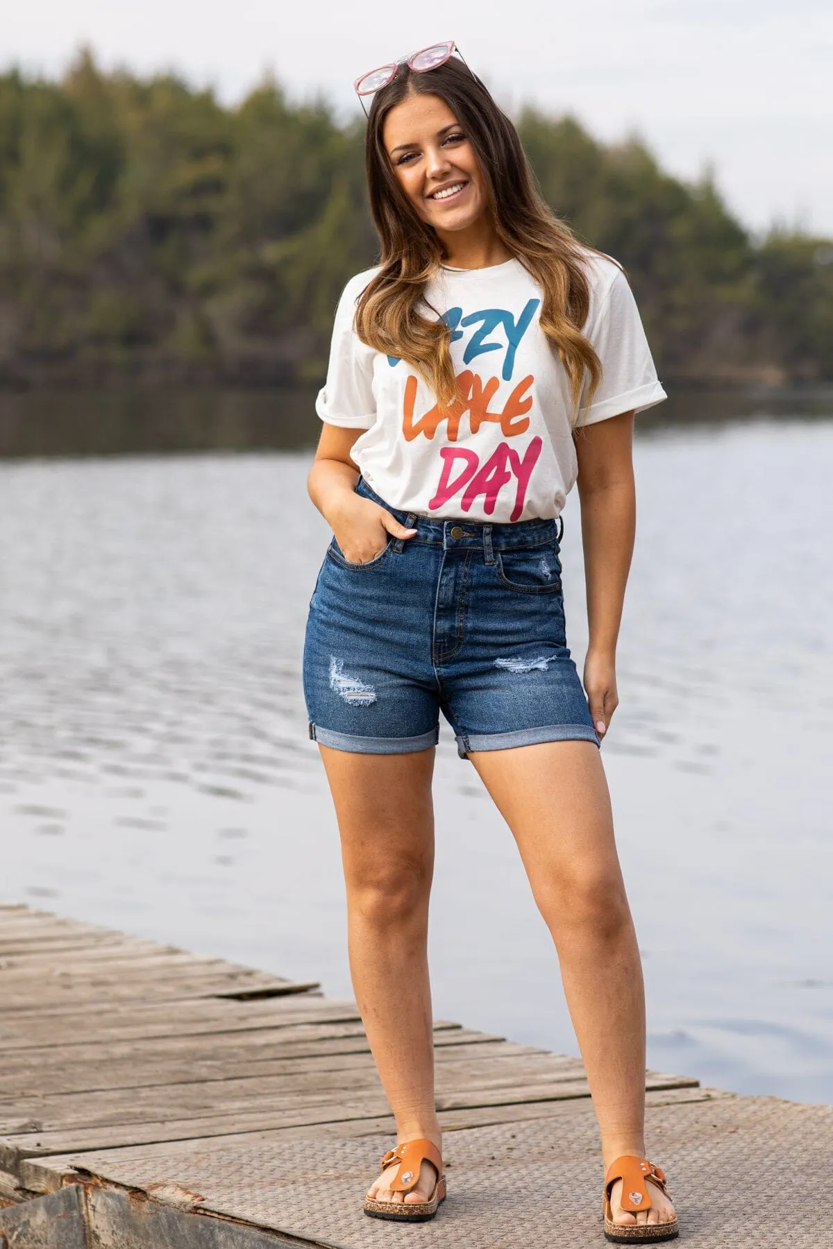 Eliza Medium Wash Lightly Distressed Shorts
