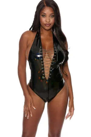 Feather Vinyl 1 piece Bodysuit with Lace Up Chain