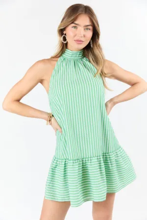 Firefly Glow Green and Ivory Striped Halter Neck Dress