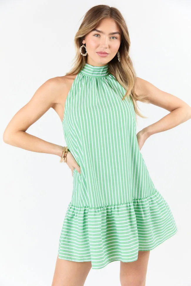 Firefly Glow Green and Ivory Striped Halter Neck Dress