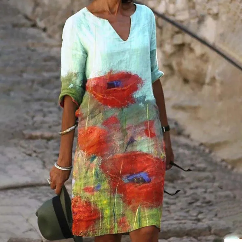 Flora | Charmantes Leinenkleid mit floralem Muster für Frauen