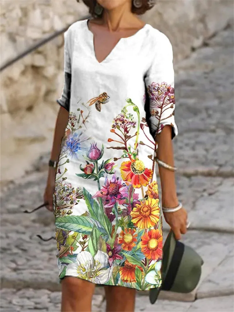 Flora | Charmantes Leinenkleid mit floralem Muster für Frauen