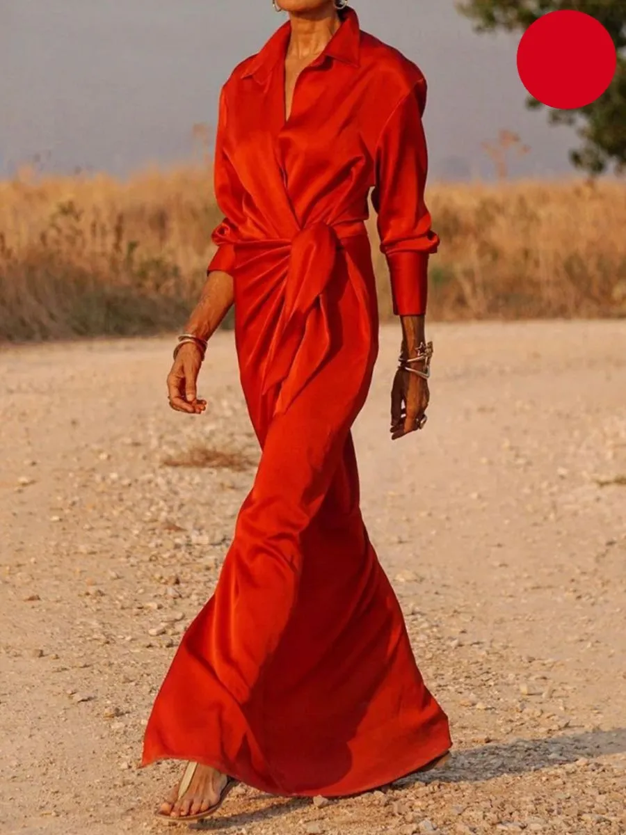 Flora® | Office Lapel V-Neck Maxi Dress