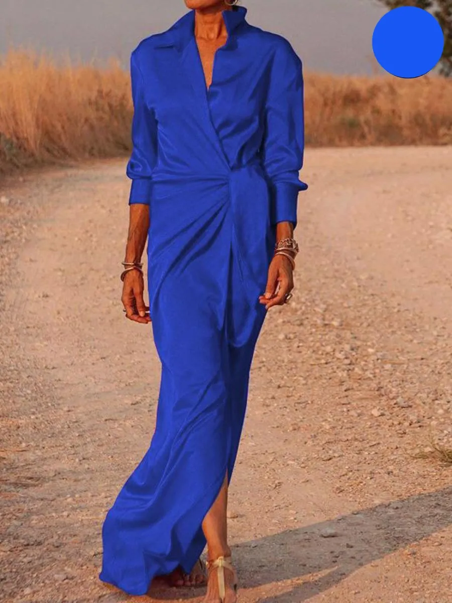 Flora® | Office Lapel V-Neck Maxi Dress