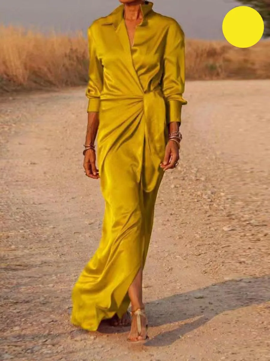 Flora® | Office Lapel V-Neck Maxi Dress