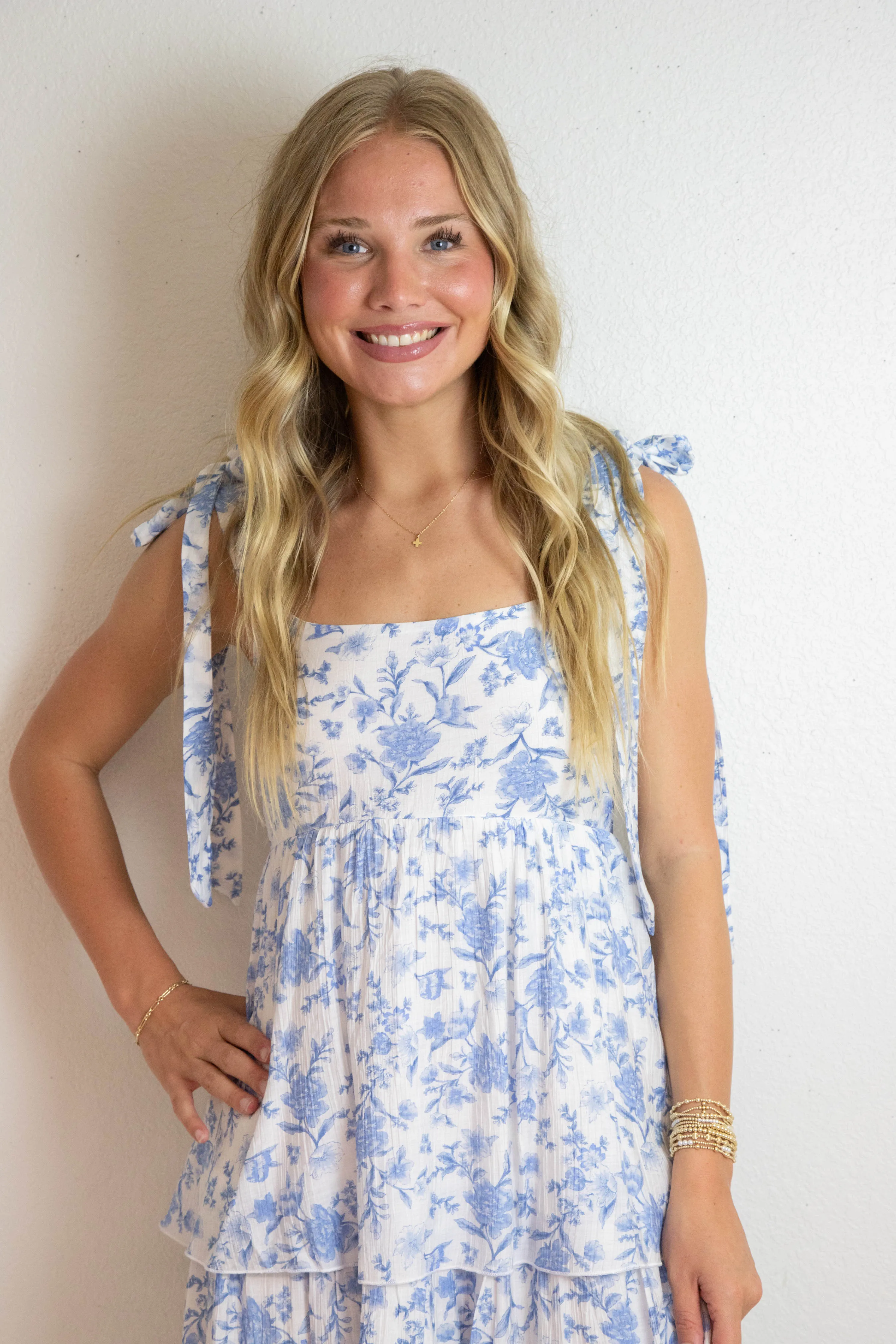 Flora Tie Strap Ruffled Midi Dress, Blue Multi