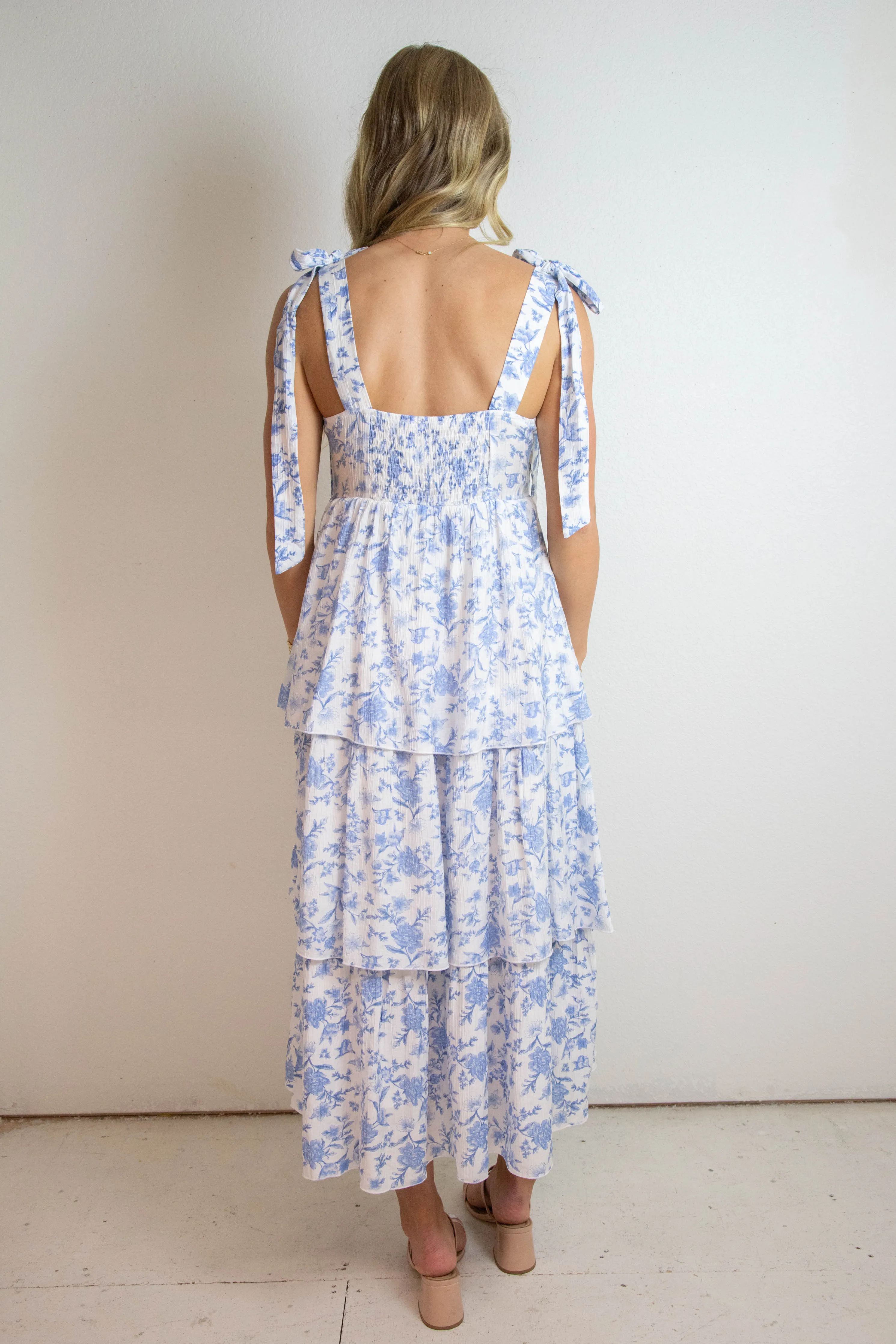 Flora Tie Strap Ruffled Midi Dress, Blue Multi