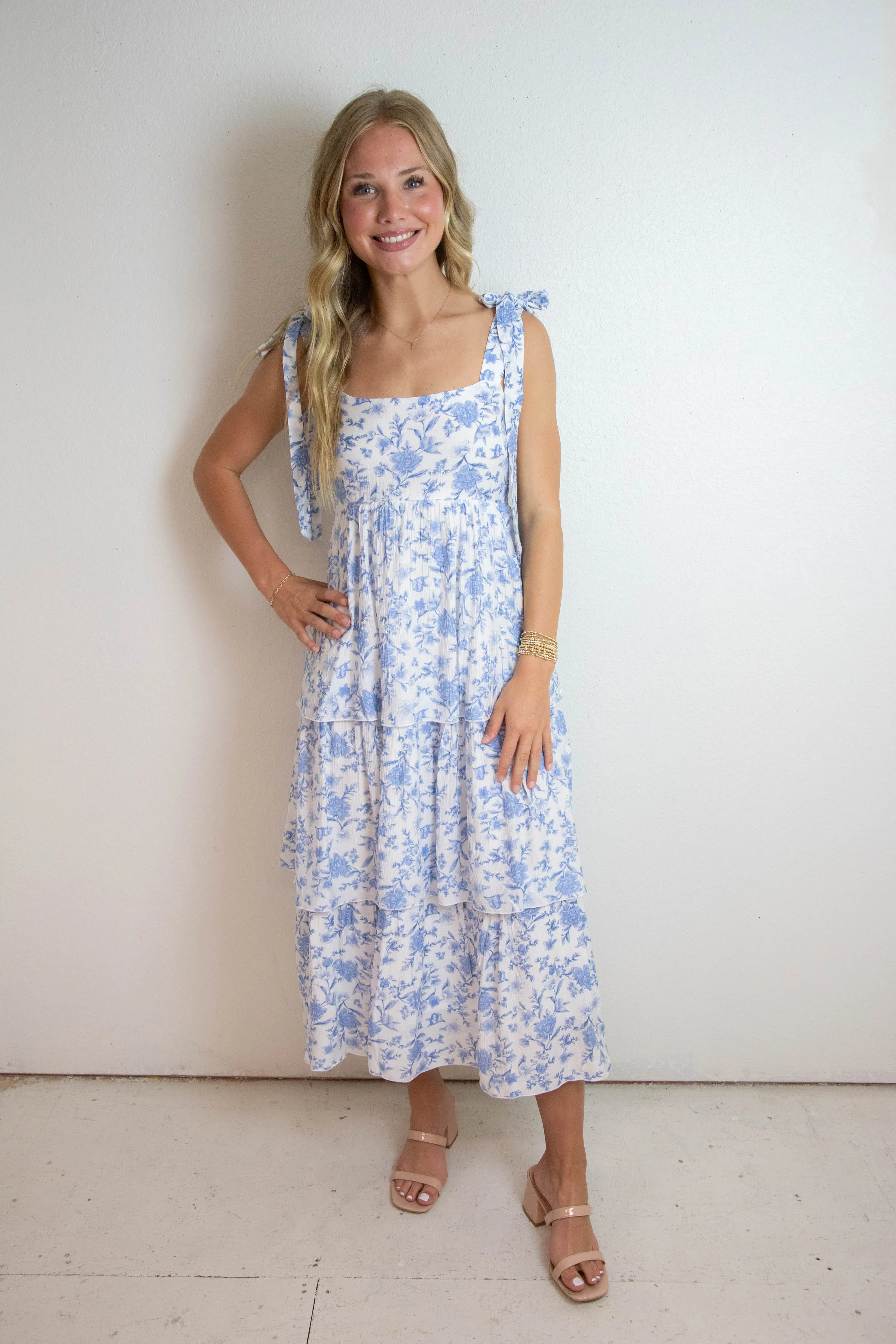 Flora Tie Strap Ruffled Midi Dress, Blue Multi