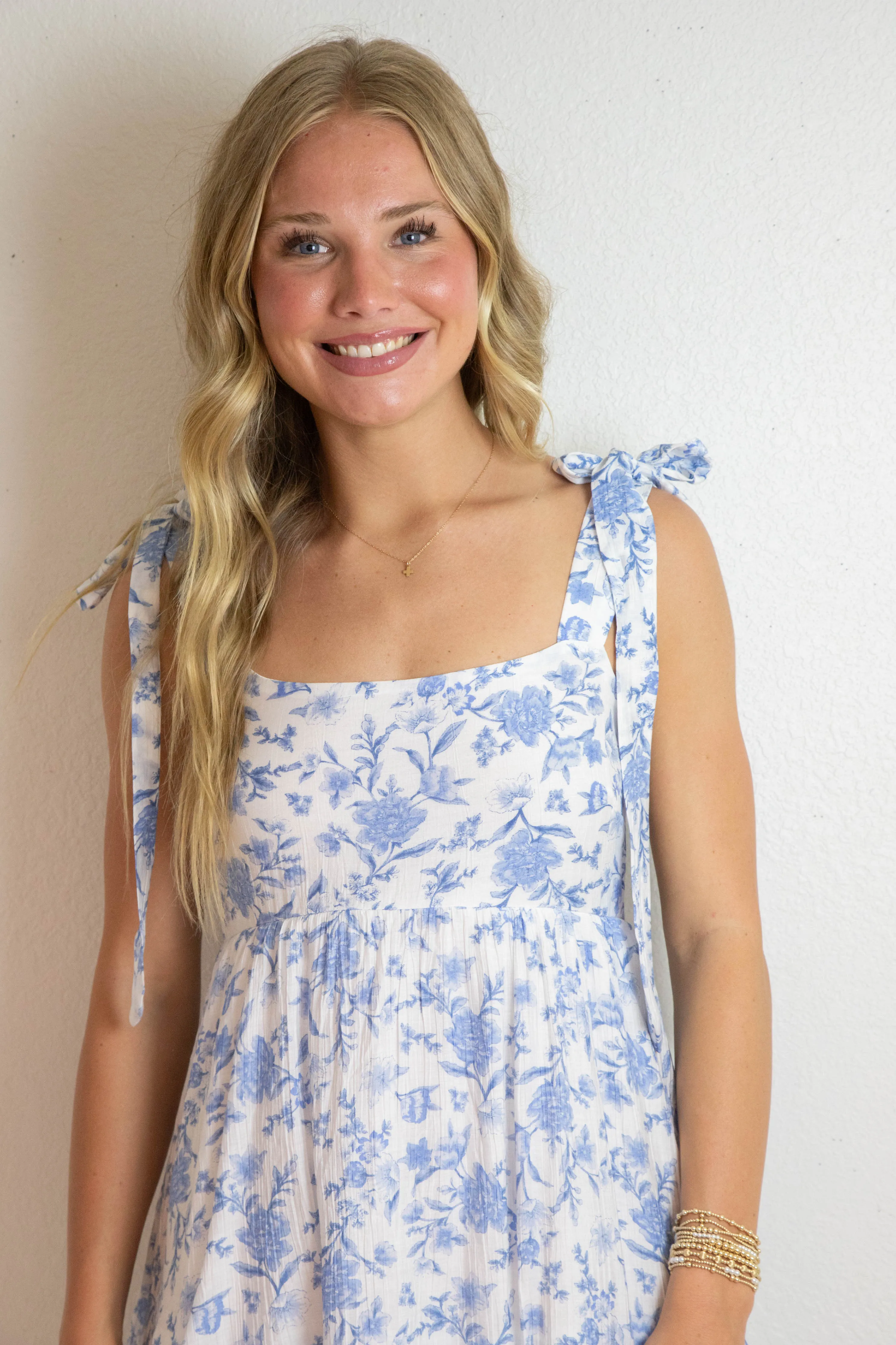 Flora Tie Strap Ruffled Midi Dress, Blue Multi