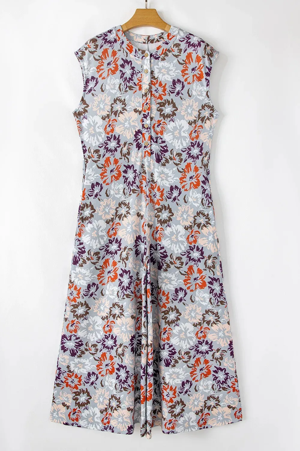 Floral Sleeveless Button Front Wide Leg Jumpsuit