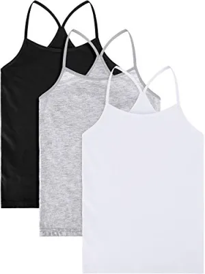 Girl Dance Tank Top 3-Pack (Sleeveless, Racerback, Ballet Dance, 9-10 Years, Black/White/Grey)
