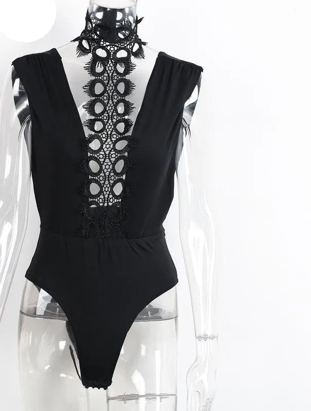 Glamaker Slim eyelash lace halter v neck bodysuit Sleeveless elegant jumpsuit romper Party backless top women outfits