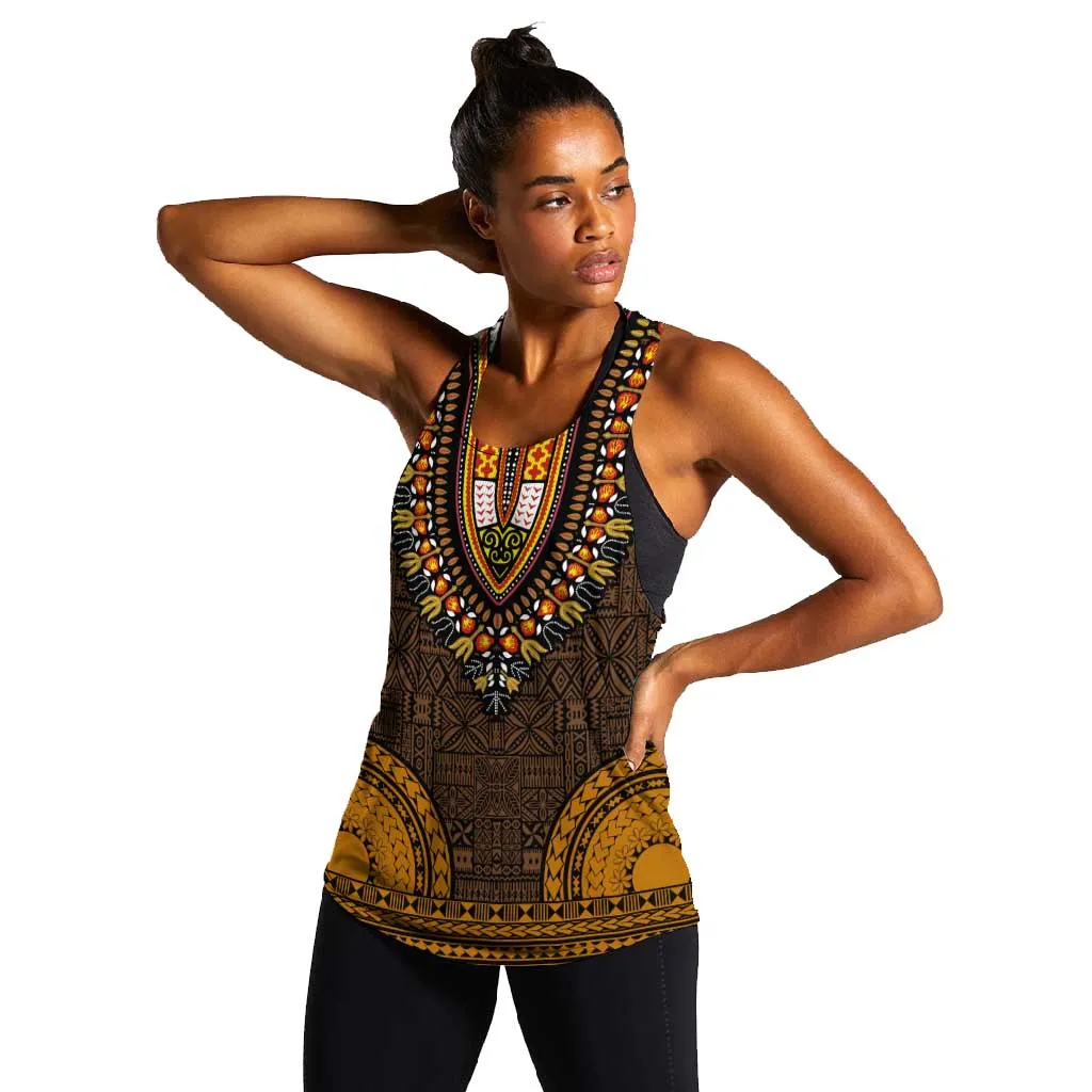 Gold Dashiki and Tapa Pattern Women Racerback Tank Africa-Polynesia Together Culture LT9