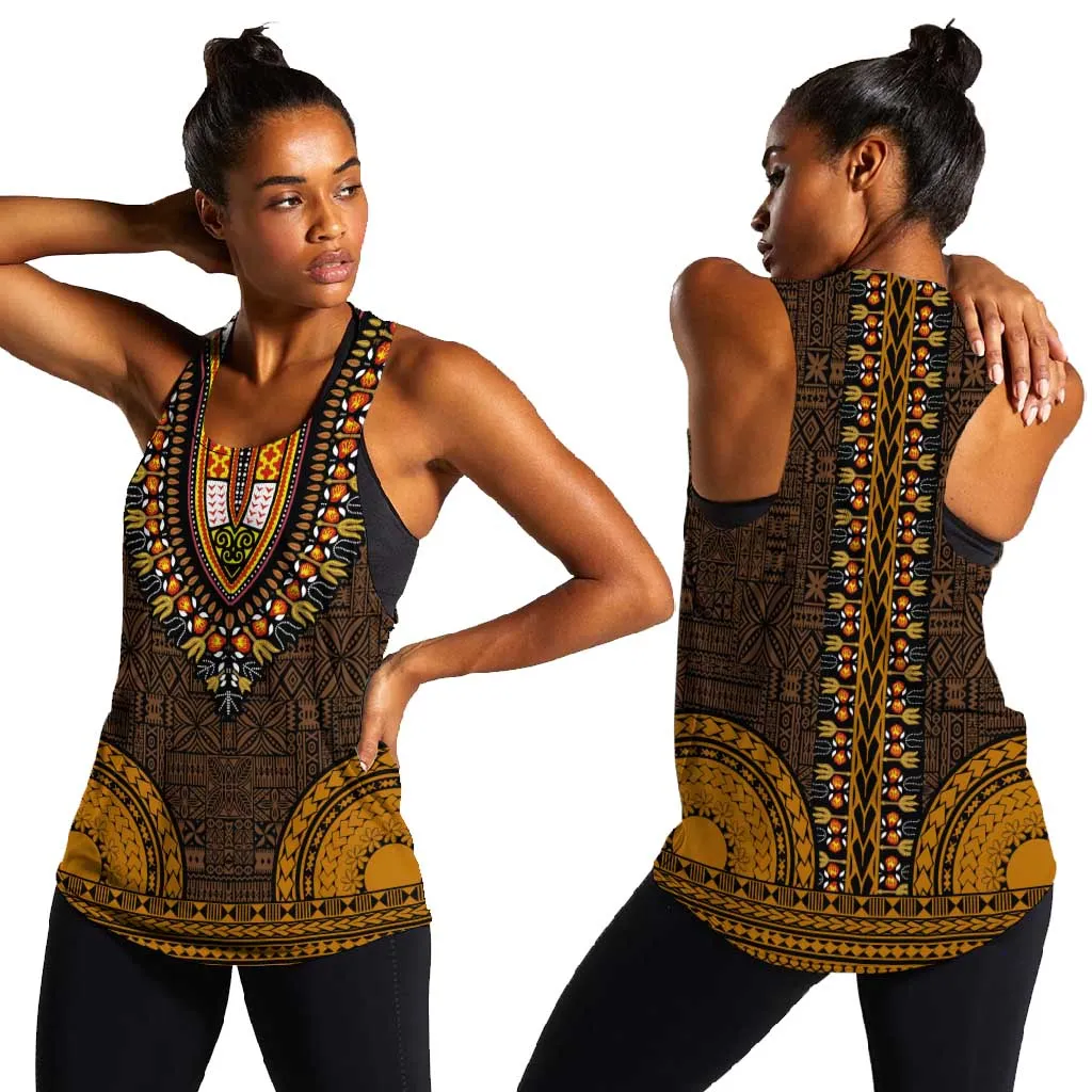 Gold Dashiki and Tapa Pattern Women Racerback Tank Africa-Polynesia Together Culture LT9