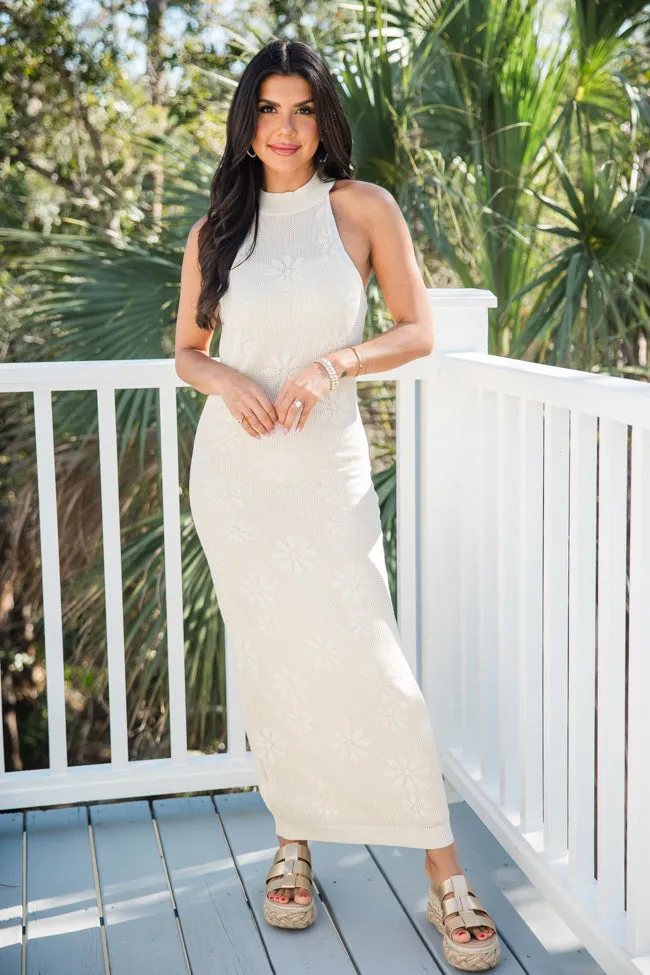 Good Composure Cream Halter Neck Crochet Midi Dress