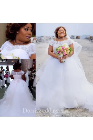 Gorgeous Plus Size Wedding Dresses 2018 Summer Lace Cap Sleeves A Line Beach Bridal Gowns With Pink Ribbon Sash Tulle Puffy Wedding Dresses
