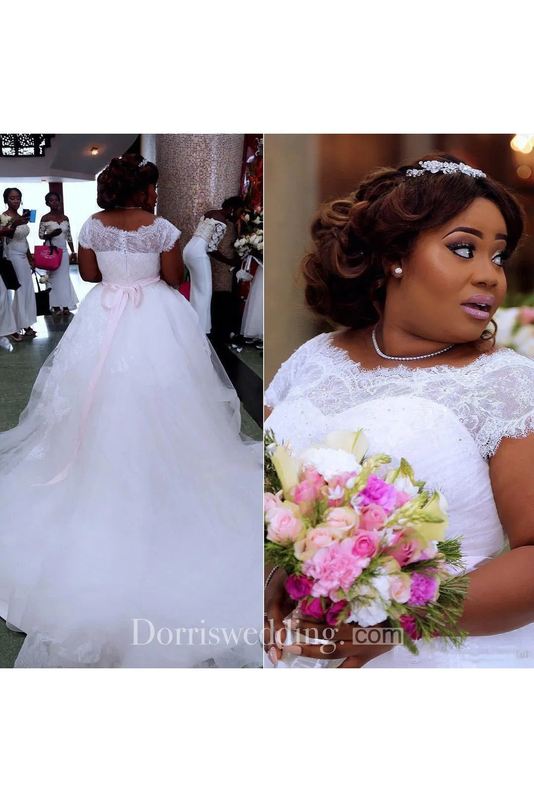 Gorgeous Plus Size Wedding Dresses 2018 Summer Lace Cap Sleeves A Line Beach Bridal Gowns With Pink Ribbon Sash Tulle Puffy Wedding Dresses