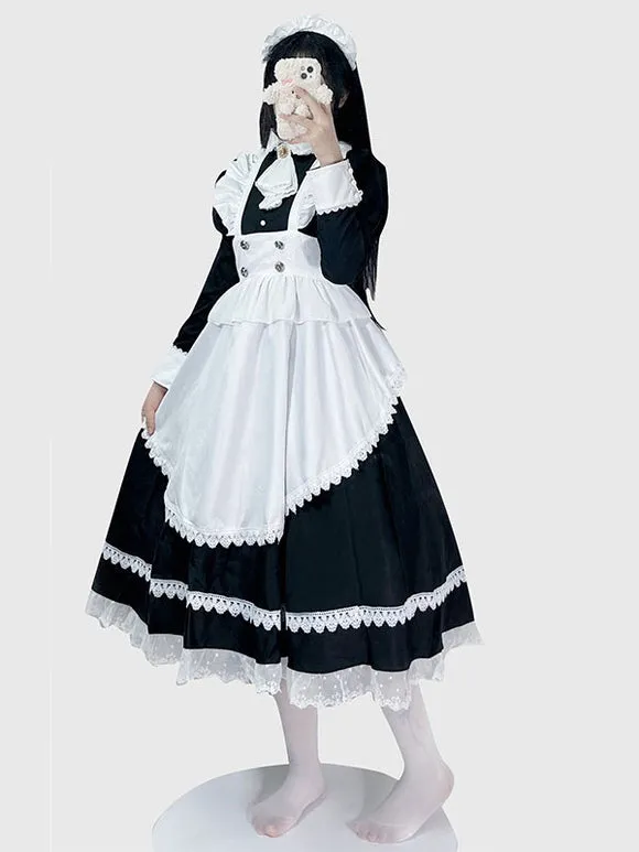 Gothic Maid Lolita Dresses Lace Ruffles Long Sleeves Black Lolita Dress