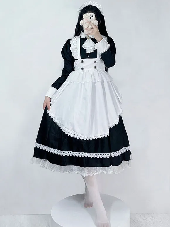Gothic Maid Lolita Dresses Lace Ruffles Long Sleeves Black Lolita Dress