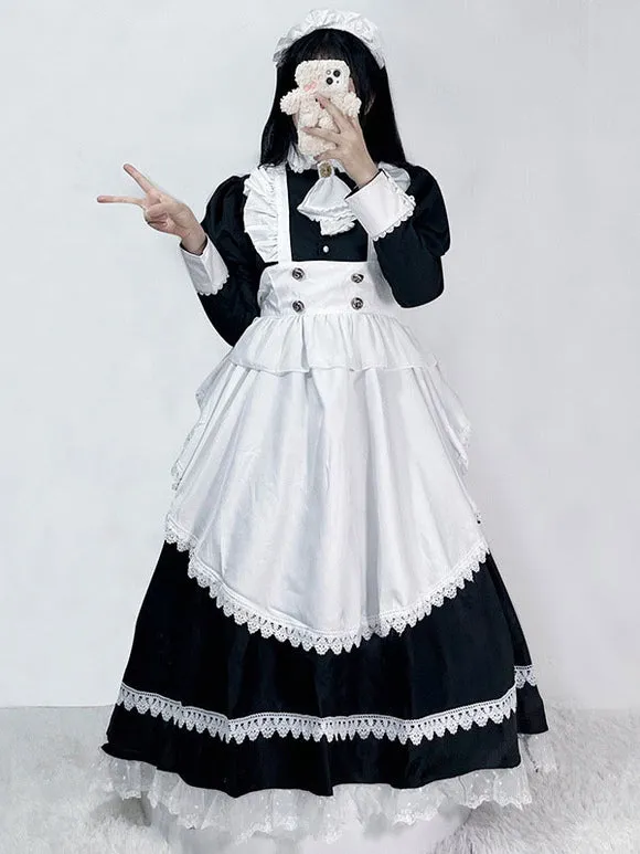 Gothic Maid Lolita Dresses Lace Ruffles Long Sleeves Black Lolita Dress