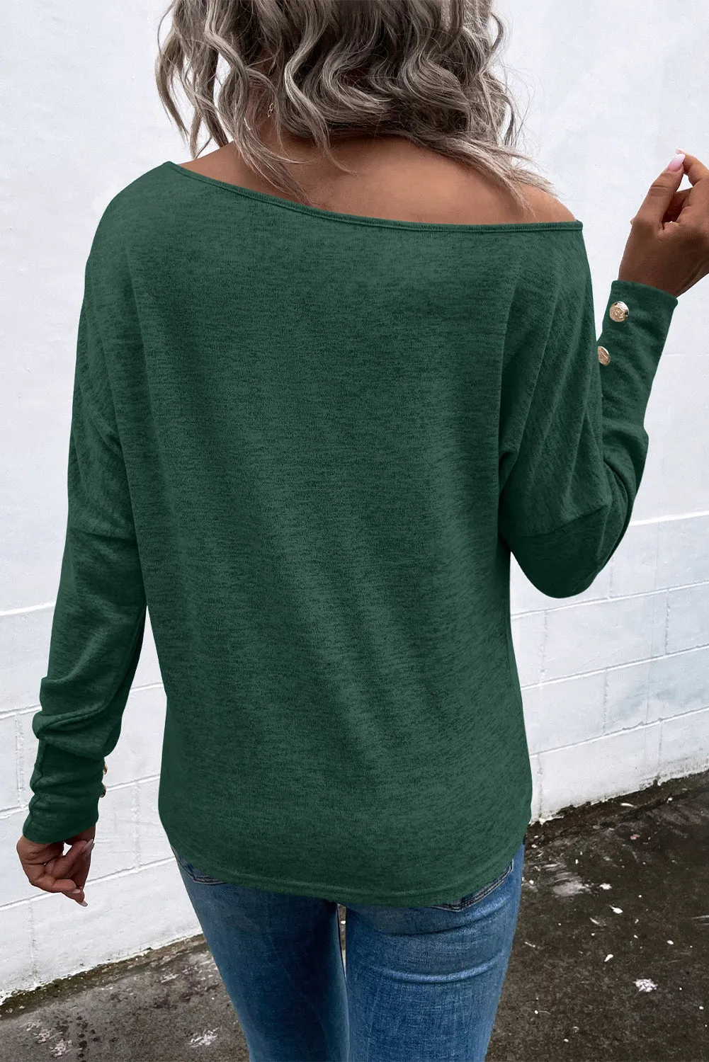 Green Black Asymmetrical Cut Out Buttoned Long Sleeve Top