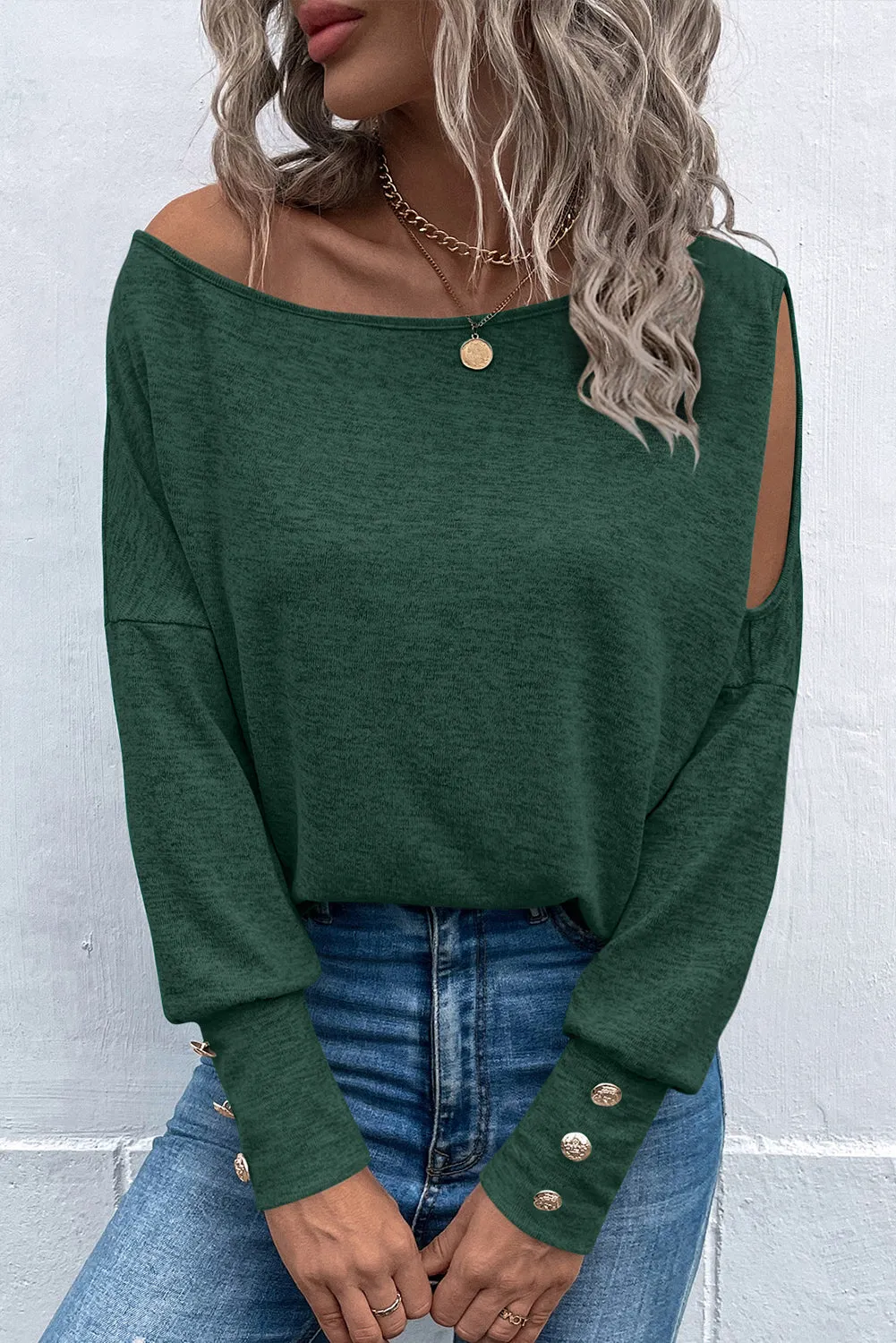 Green Black Asymmetrical Cut Out Buttoned Long Sleeve Top