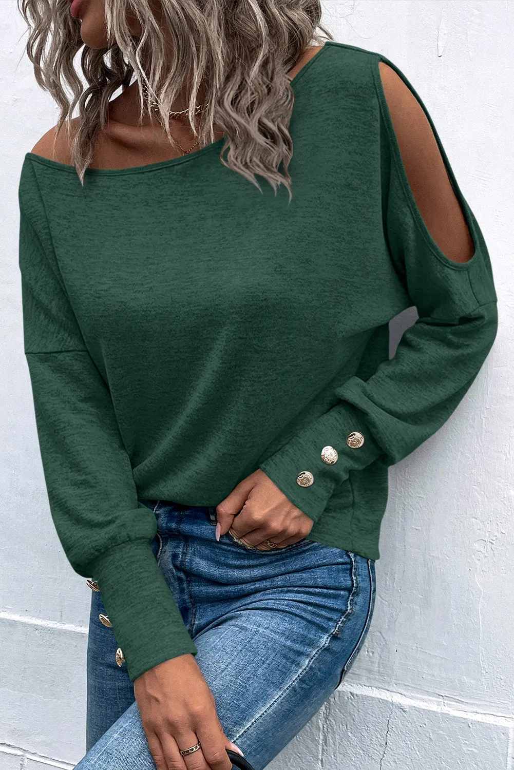 Green Black Asymmetrical Cut Out Buttoned Long Sleeve Top