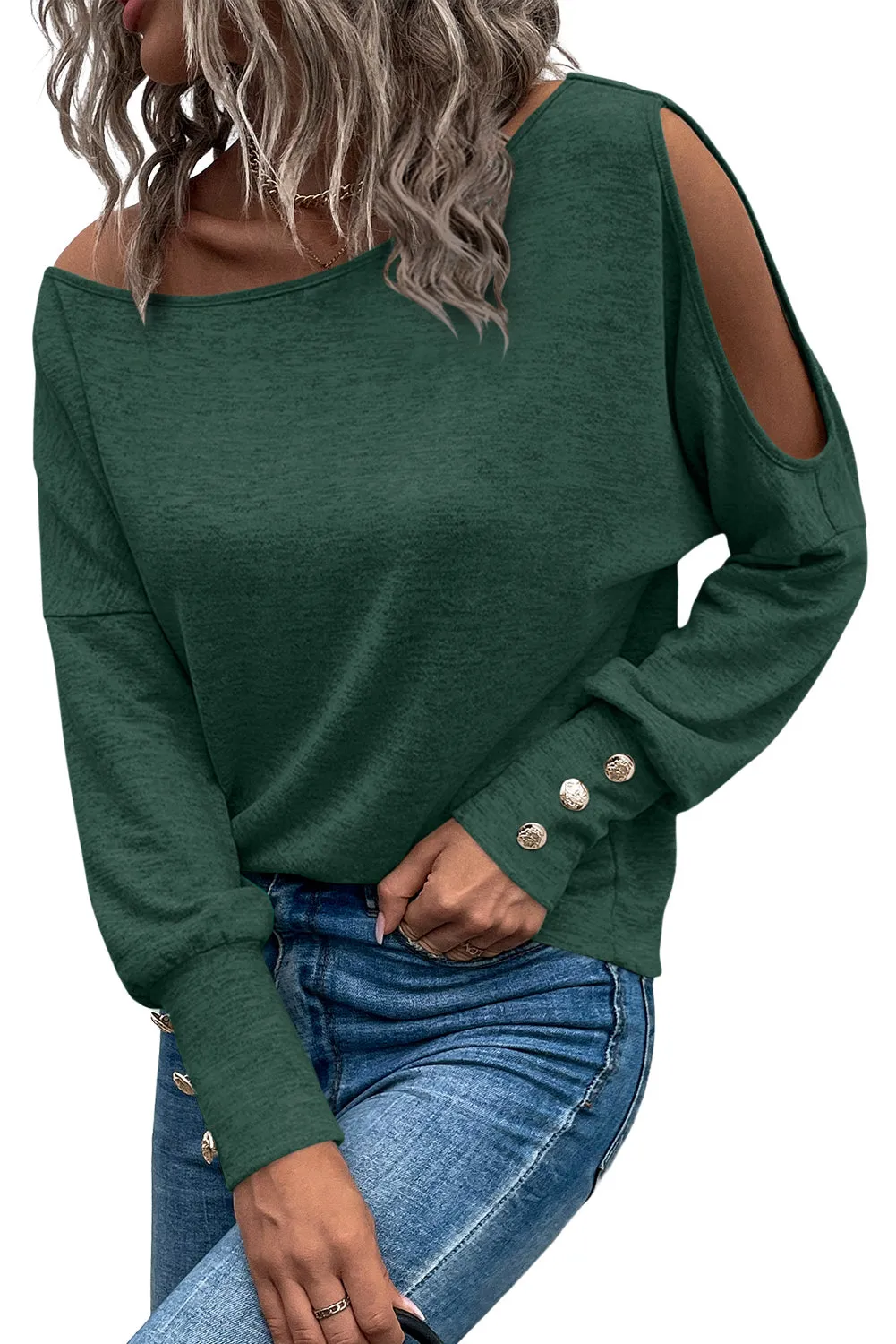 Green Black Asymmetrical Cut Out Buttoned Long Sleeve Top