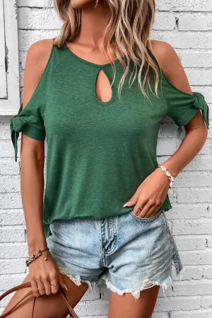 Green Knotted Cold Shoulder Sleeve Keyhole Front T Shirt