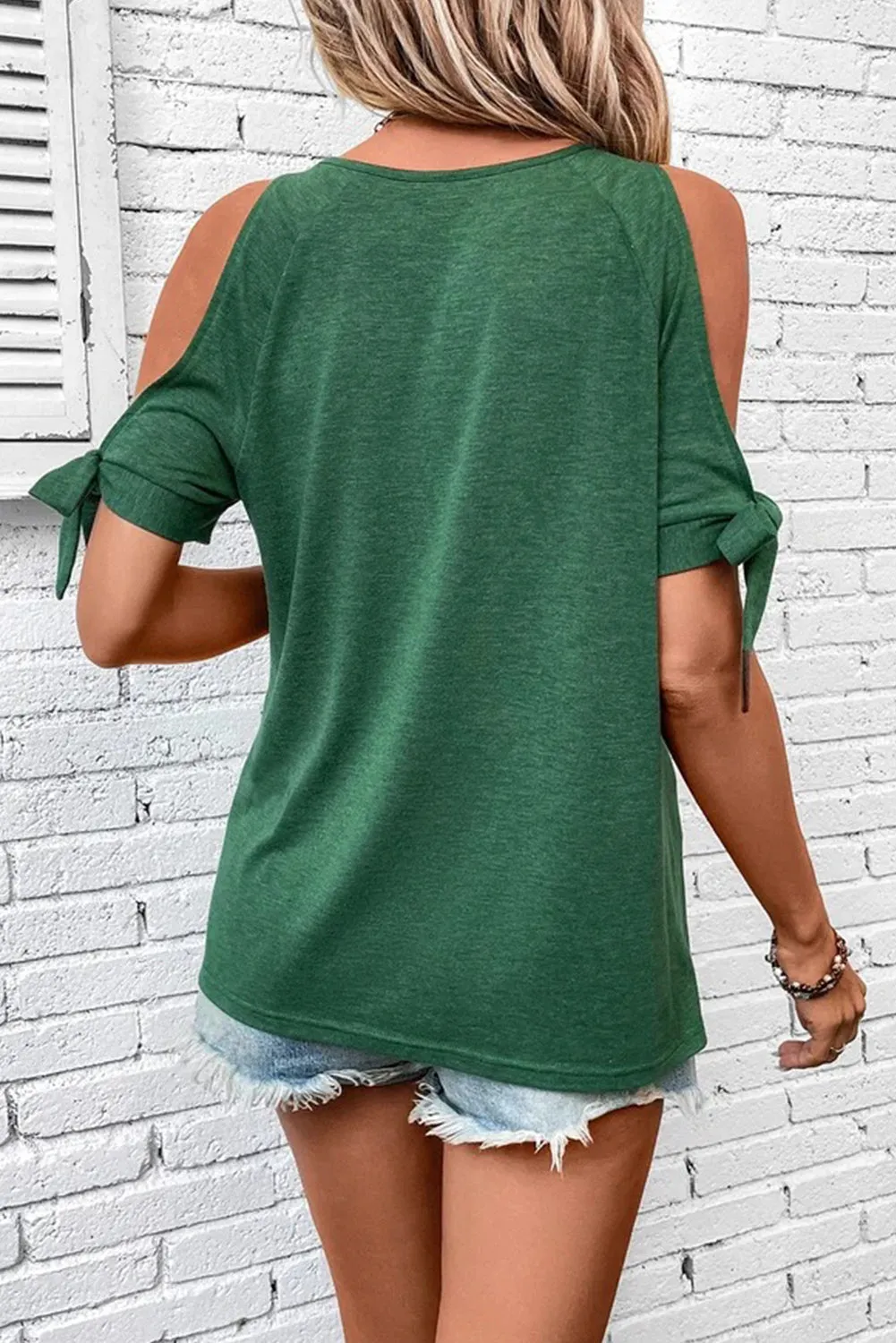 Green Knotted Cold Shoulder Sleeve Keyhole Front T Shirt