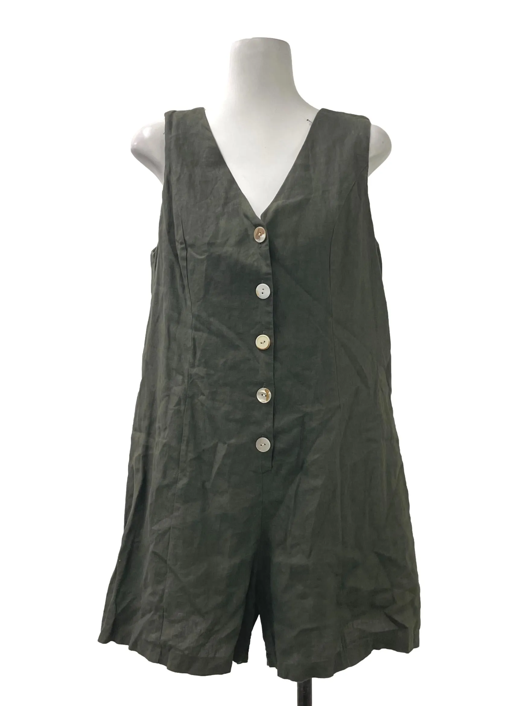 Green V Neck Button Down Romper TEM