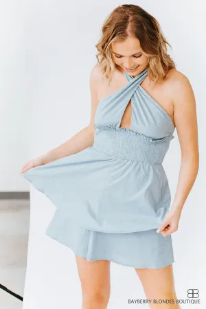 Halter Neck Smocking Waist Dress-Dusty Blue