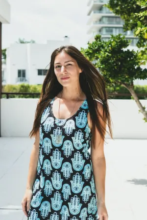 Hannah Bright Turquoise Hamsa Pattern Women's Cut & Sew Racerback Dress