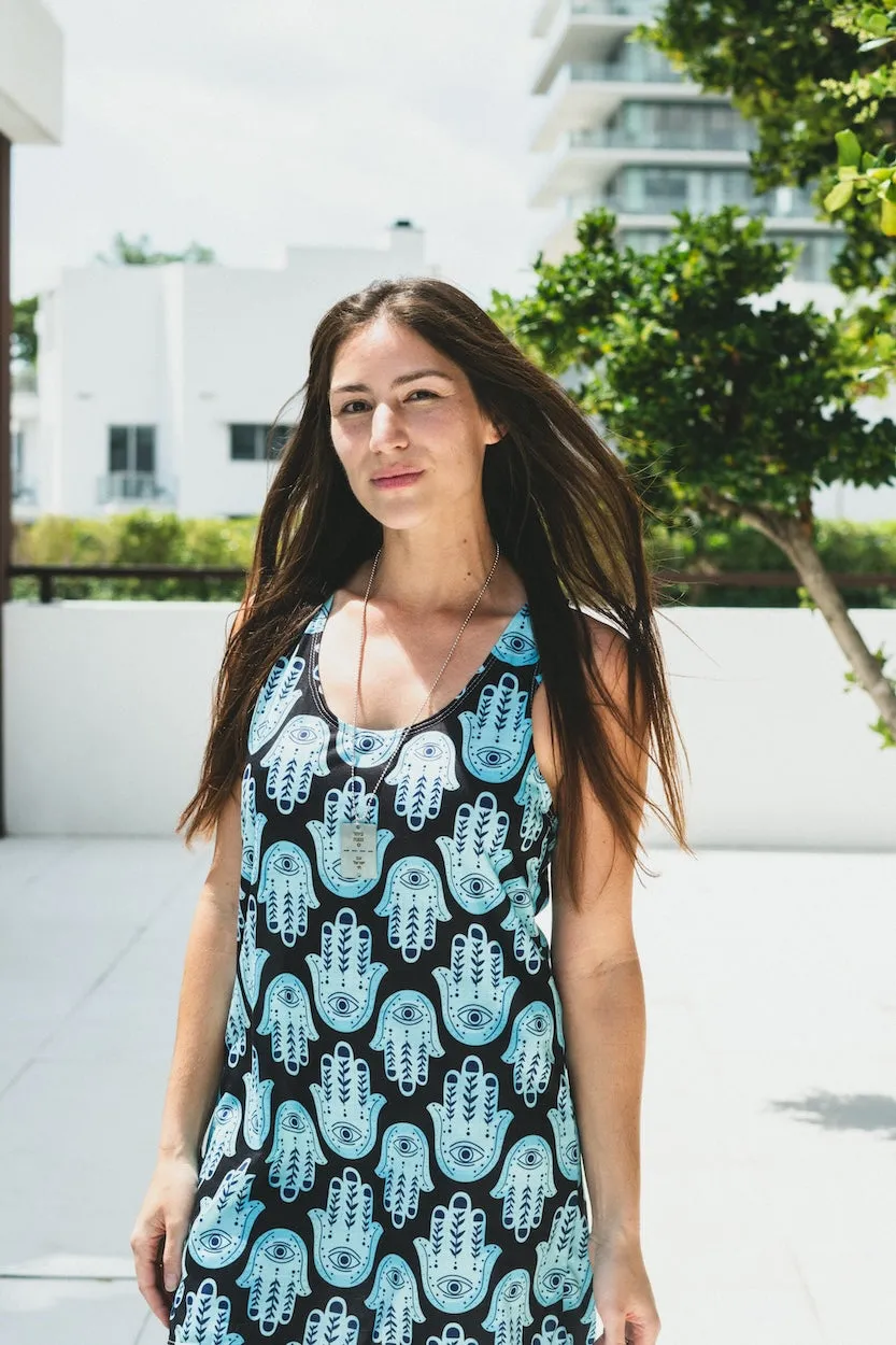 Hannah Bright Turquoise Hamsa Pattern Women's Cut & Sew Racerback Dress