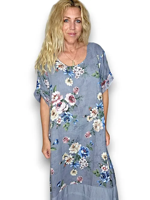 HELGA MAY Italian Linen Flora Plain Hem Petrol Dress Sz 14-20
