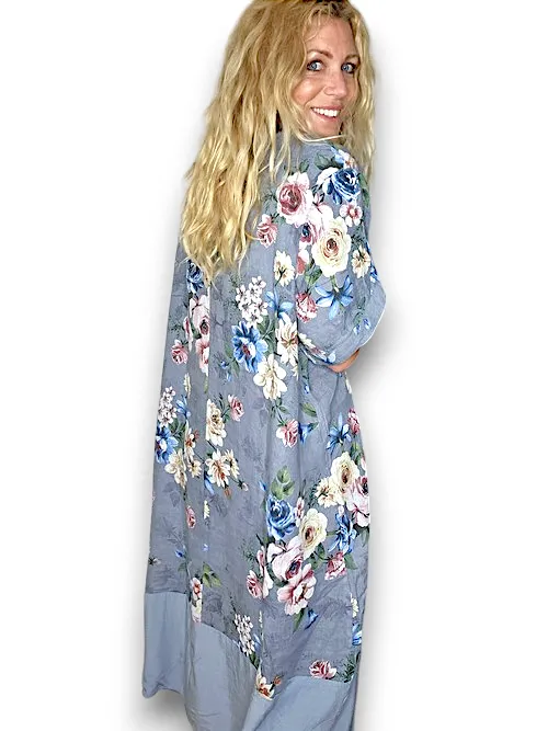 HELGA MAY Italian Linen Flora Plain Hem Petrol Dress Sz 14-20