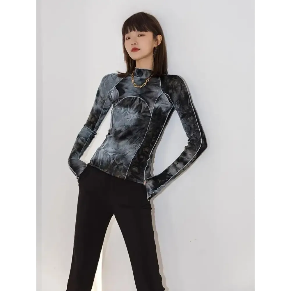 High Neck Tie Dye Top in Black and Grey for Y2K Style